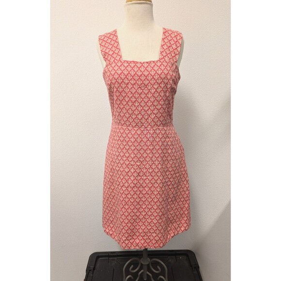 Gap Linen/Cotton Pink Diamond Weave Fit & Flare Square Neck Dress sz 4 Preppy - Picture 2 of 12